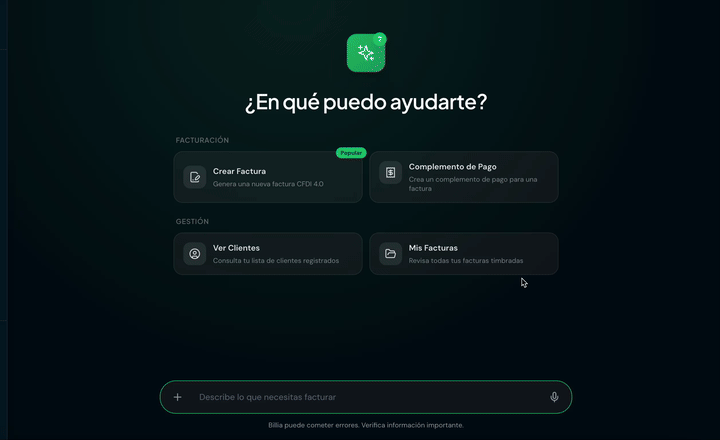 Demo de Billia - Interfaz de chat para crear facturas